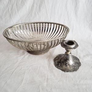 Vintage Distressed Silverplate Basket and Candlestick Holder